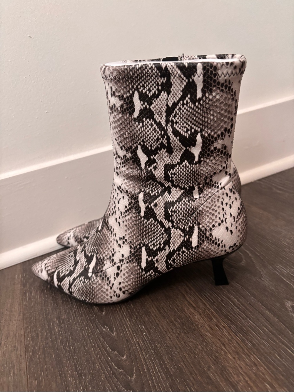 Abound Snake-Print Pointed Toe Kitten Heel Ankle Boots - White & Black